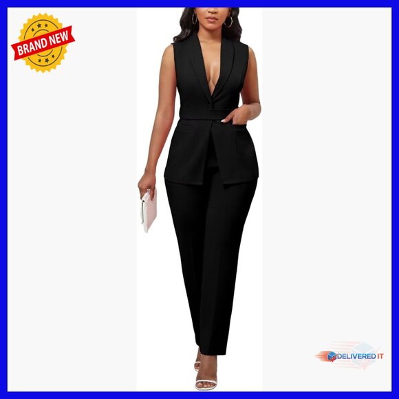 Pants - Sleeveless Vest Pantsuit Set, Belted Business Casual Outfit, Polyester Blend